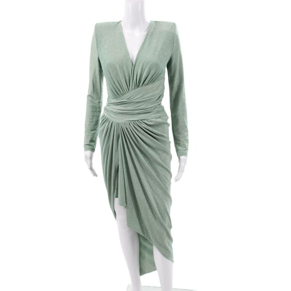 Alexandre Vauthier Women Wrap Dress Green Viscose V Neck Long Sleeve Size 38